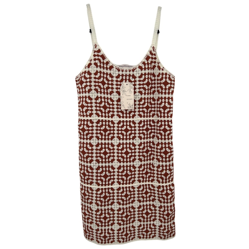 Willow & Wind Medium Crochet Patchwork Mini Dress Ecru Brown Sleeveless Lined
